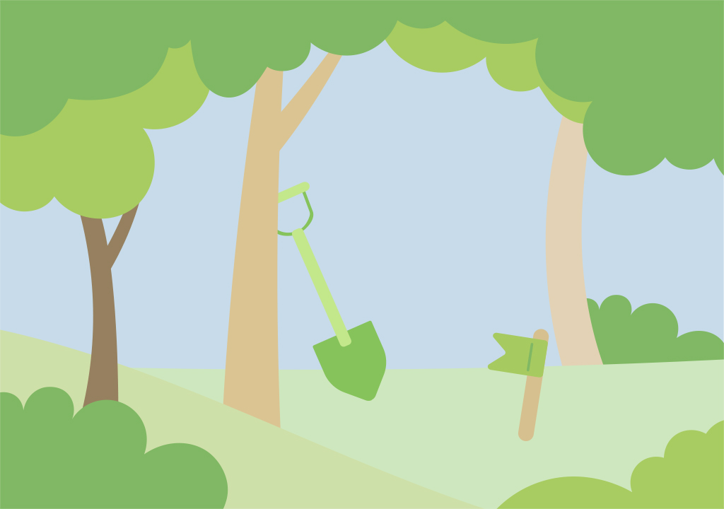 Ein grüner Wald mit einer Schaufel