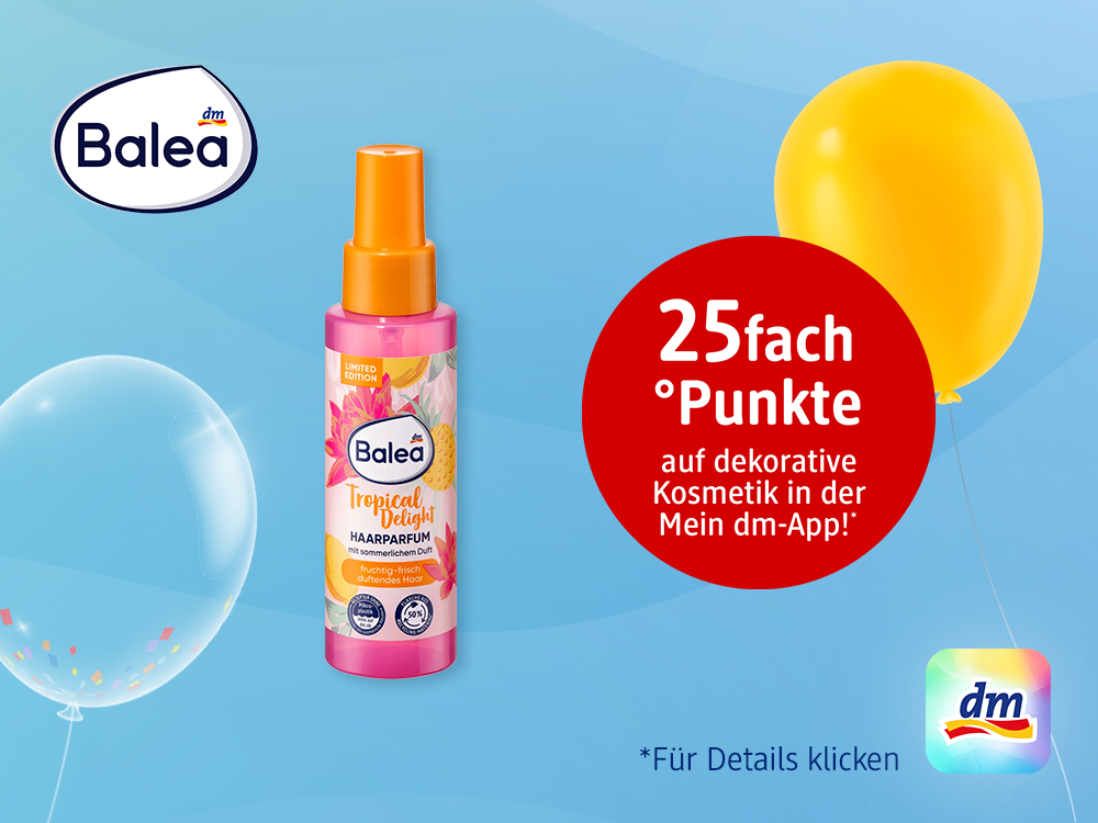 Balea Haarparfum mit Ballons und dm Logo auf blauem Hintergrund