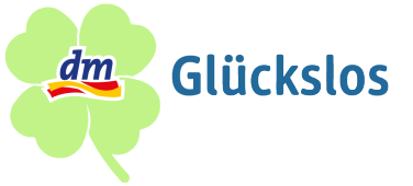 Dm-Logo mit grünem Kleeblatt und der Headline "Glückslos"
