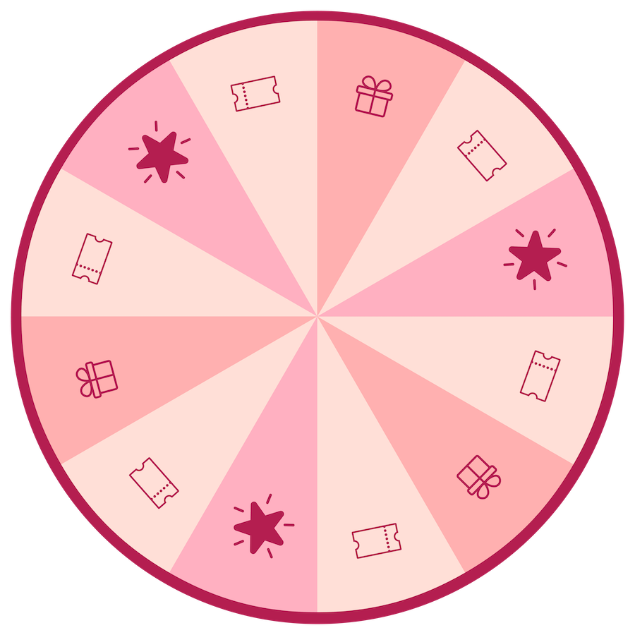 Ruota della fortuna rosa con icone di stelle, regali e biglietti