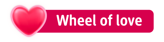 Scritta 'Wheel of' su sfondo rosso con cuore